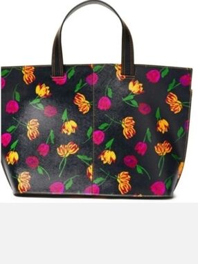 GANNI Leather Floral Print Shopper Tote, Black/Multicolored, NWT
